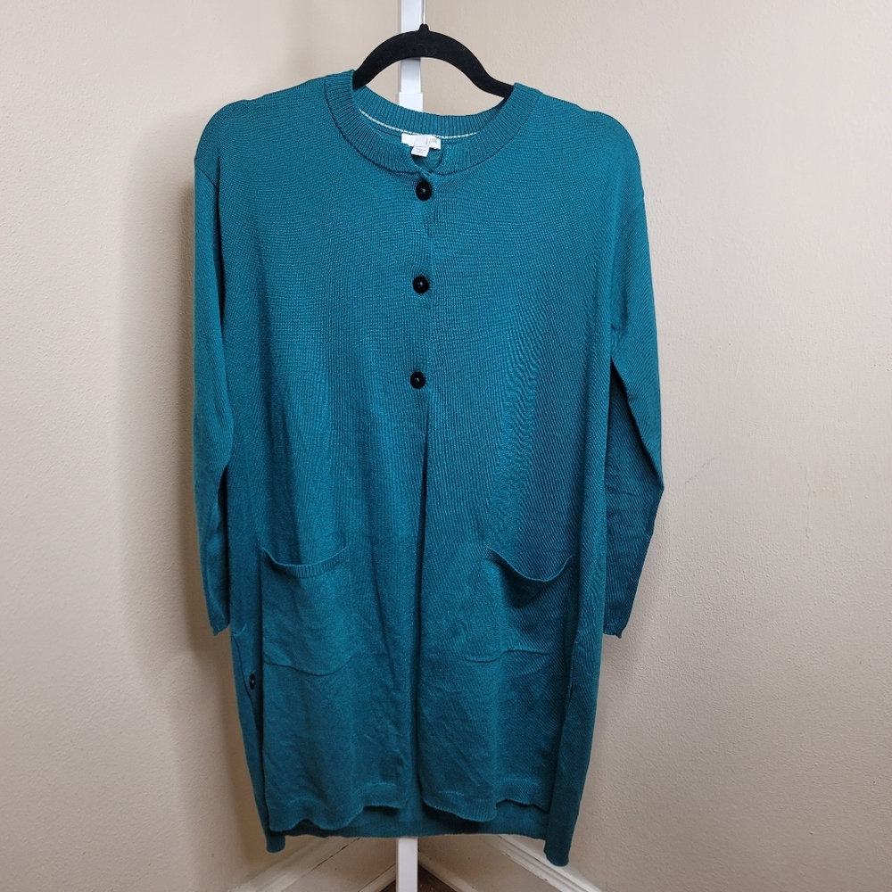 J. Jill Women's Petite Small Wool Blend Button Front Long Cardigan Teal